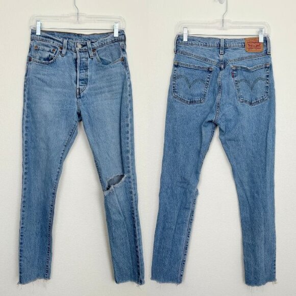 Levi's 501 S Button Fly Jeans Medium Wash Distressed Frayed Hem 27x30 Waist 27 - Picture 1 of 8